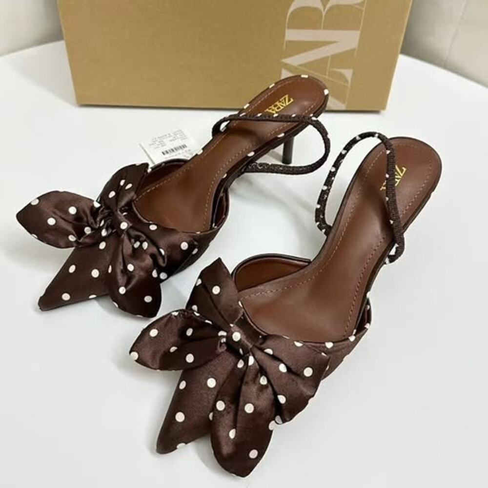 ZARA Polka Dot Bow Slingback Heels NWT Brown Pointed Toe Kitten Heel 6.5 - Picture 11 of 15